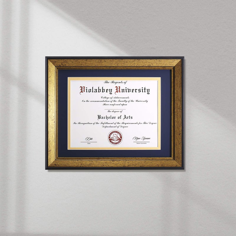 VIOLABBEY 8.5x11 Diploma Frame Gold, 8.5 x 11 Certificate Frame with Mat or 11x14 College Degree Frames without Mat, Wall or Tabletop Display, Tempered glass (Navy Gold Double Mat) - Image 5